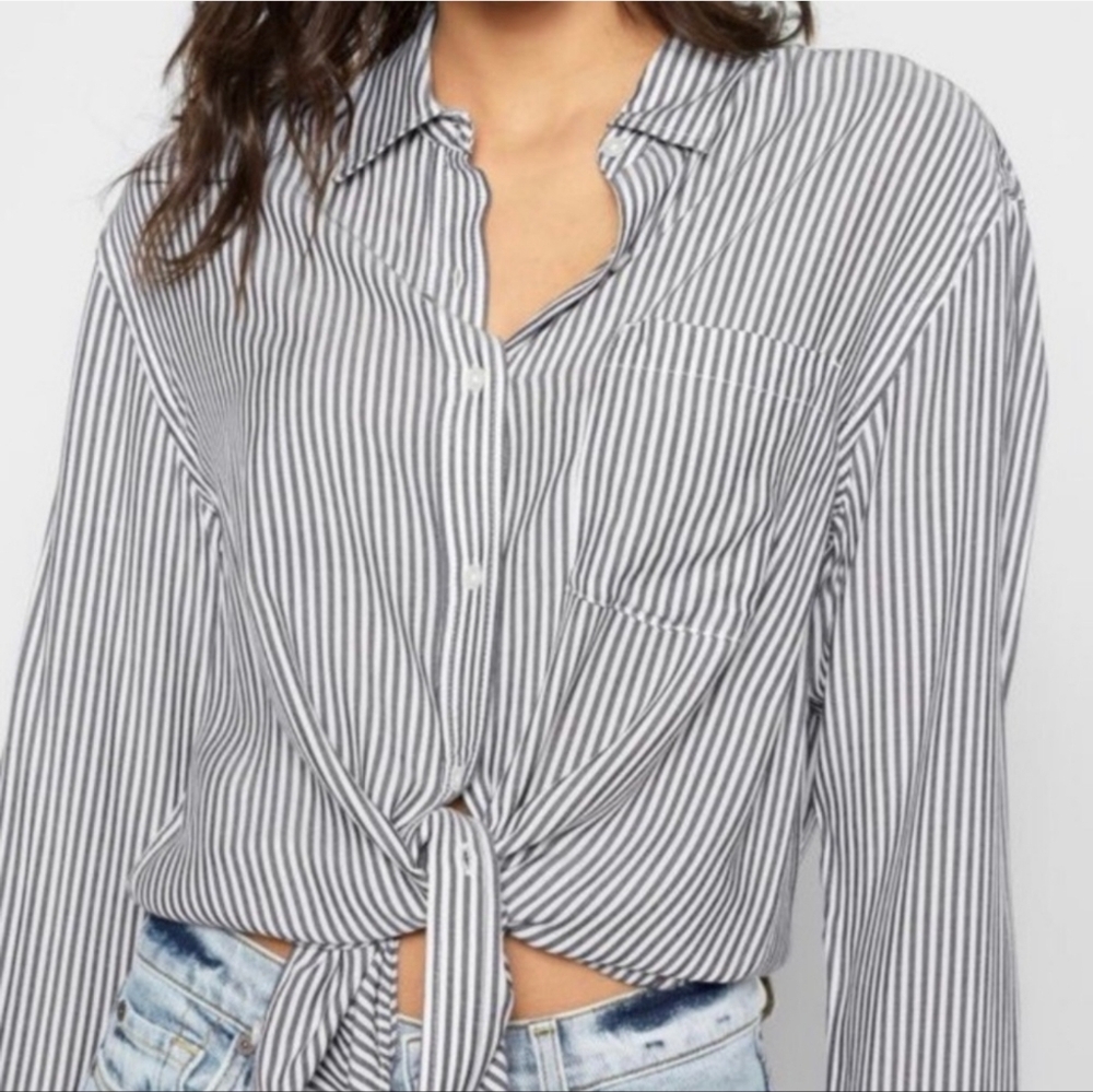 7FAM Chic Black White Vertical Striped Front Knot‎ Blouse Shirts XS